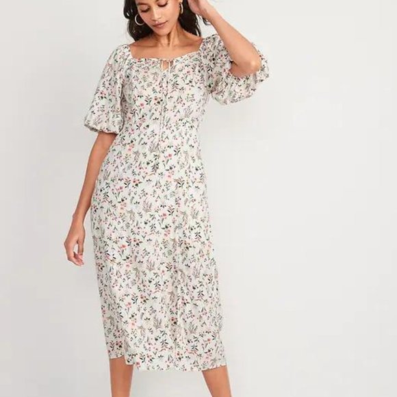 Old Navy Dresses & Skirts - Old Navy Puff-Sleeve Floral-Print Pintucked Smocked Midi Swing Dress for Women